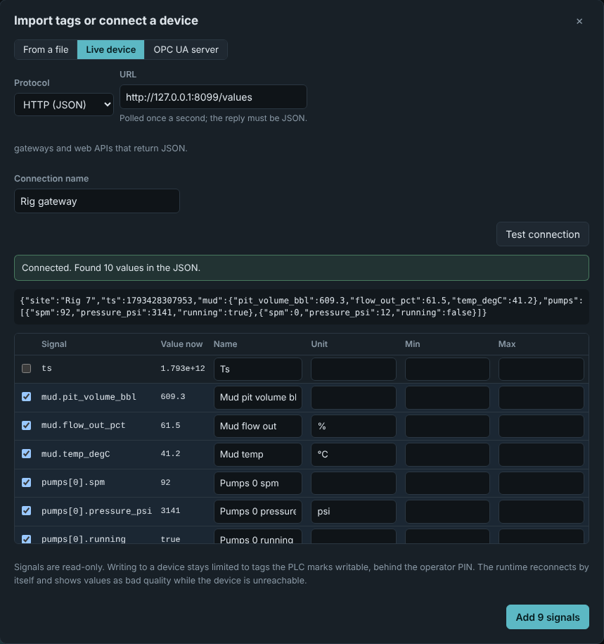 The Import dialog on the Live device tab: protocol HTTP JSON, a gateway URL, a successful connection test that found 10 values, the raw JSON reply, and a table of signals with suggested names and units such as psi and percent, ready to add as 9 signals.